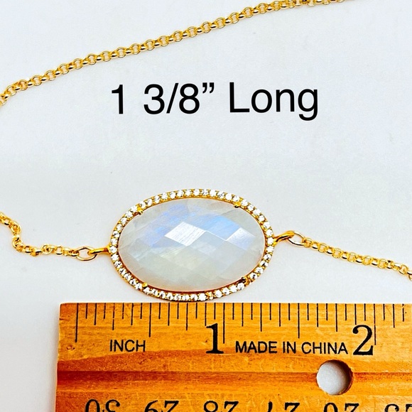 Gold Oval CZ Rainbow Moonstone Necklace w/2mm Rolo Chain, NWT, Gift Box Included - Picture 8 of 9